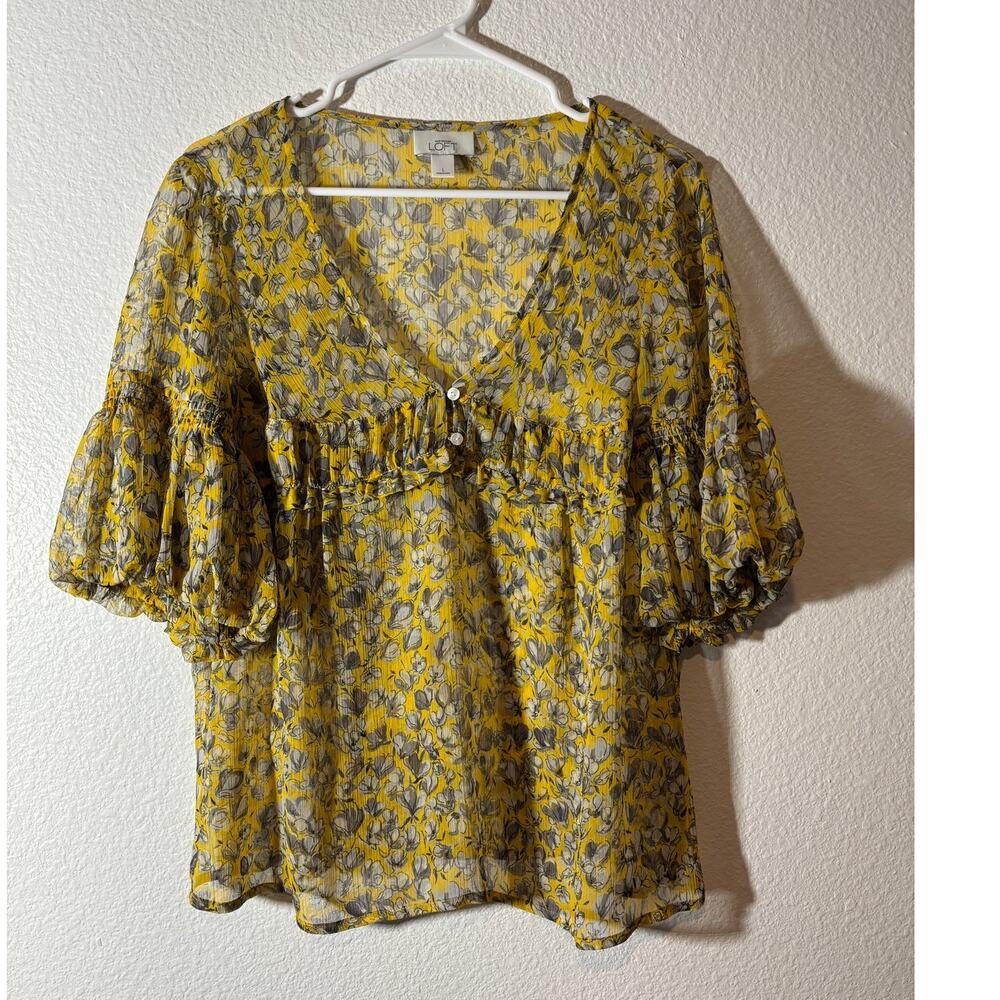 Ann Taylor LOFT Size L Sheer Yellow Botanical Floral Puff Sleeve Popover Top